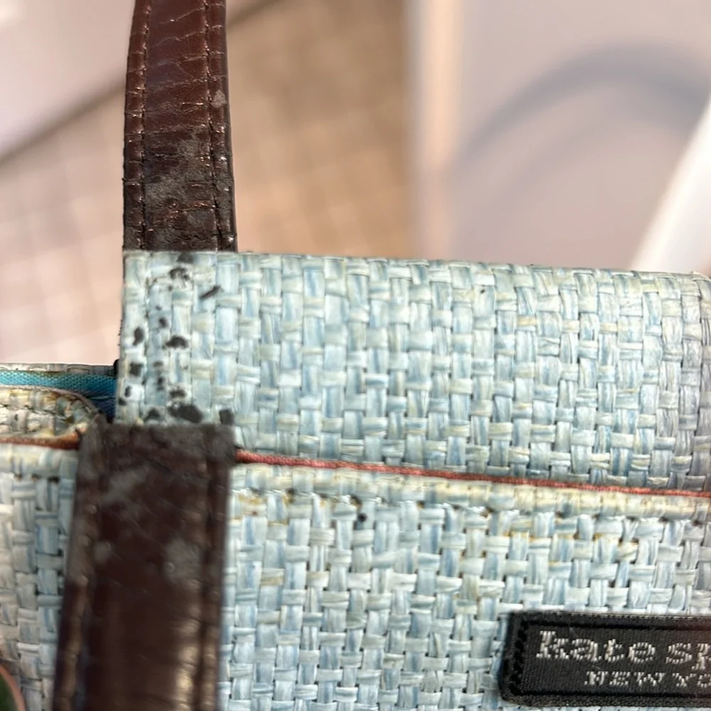 Vintage Kate Spade Teal Woven bag,  black leather handles magnet closure zipper
